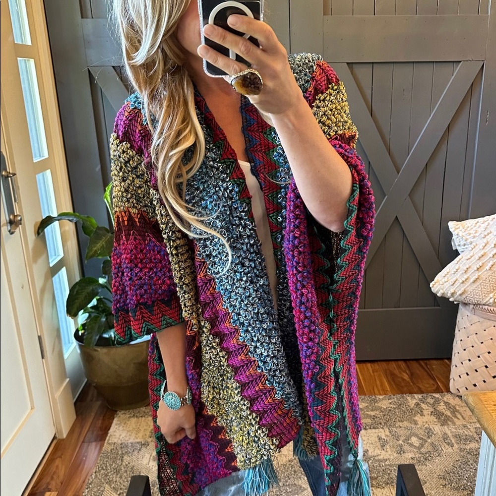 New Bohemian Loom Moroccan Knit Tasseled Handmade Poncho Cardigan Sweater